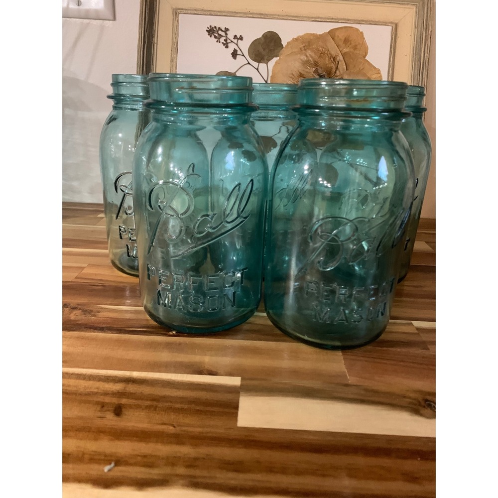 Vintage Ball Perfect Mason Jars Aqua Blue Glass Set of 5 Retro Cottagecore Boho